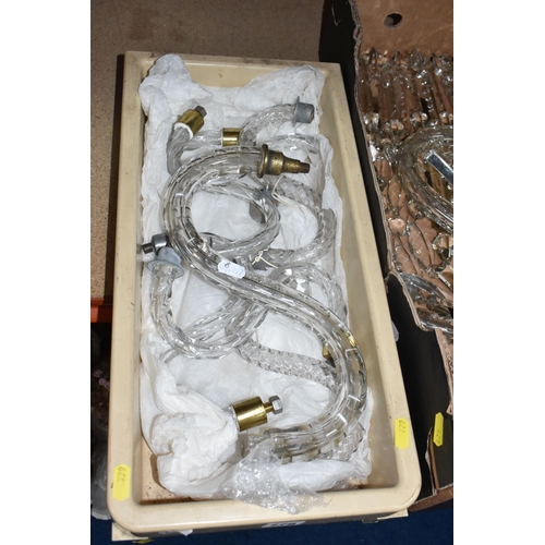 779 - TWO BOXES OF CRYSTAL CHANDELIER ARMS AND DROPLETS, to include a quantity of Victorian gas light fitt... 