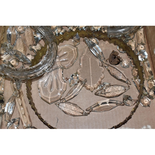 779 - TWO BOXES OF CRYSTAL CHANDELIER ARMS AND DROPLETS, to include a quantity of Victorian gas light fitt... 