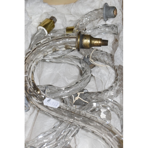 779 - TWO BOXES OF CRYSTAL CHANDELIER ARMS AND DROPLETS, to include a quantity of Victorian gas light fitt... 