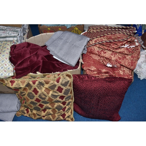 780 - FOUR BOXES OF CURTAINS, FABRIC AND CUSHIONS, to include a large quantity of vintage cotton velvet bu... 