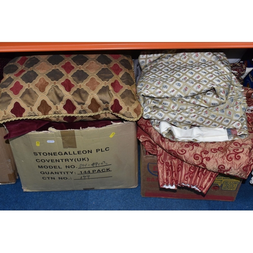 780 - FOUR BOXES OF CURTAINS, FABRIC AND CUSHIONS, to include a large quantity of vintage cotton velvet bu... 