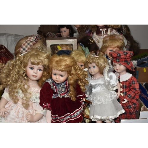 781 - TWO BOXES OF DOLLS, approximately twenty collectable  porcelain dolls, maker's names include Hannah ... 