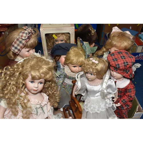 781 - TWO BOXES OF DOLLS, approximately twenty collectable  porcelain dolls, maker's names include Hannah ... 