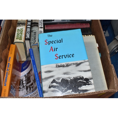 782 - TWO BOXES OF MILITARY BOOKS, approximately thirty five hardback books, subjects include World War II... 