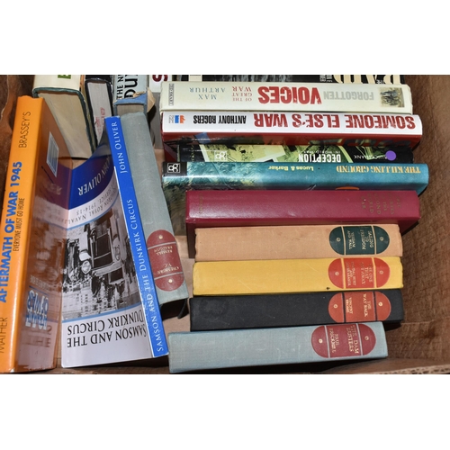 782 - TWO BOXES OF MILITARY BOOKS, approximately thirty five hardback books, subjects include World War II... 