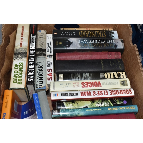 782 - TWO BOXES OF MILITARY BOOKS, approximately thirty five hardback books, subjects include World War II... 