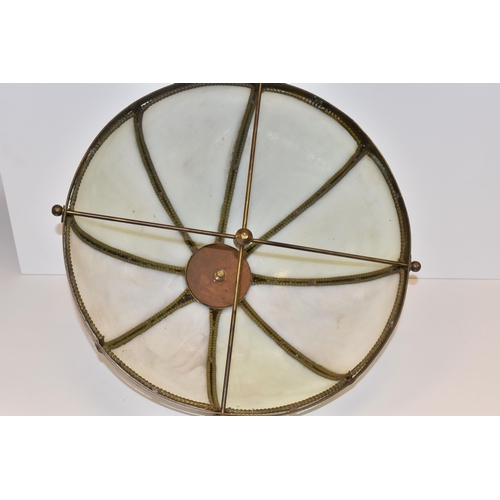 784 - AN OPALESCENT TIFFANY STYLE HANGING LAMP SHADE with beaded gilt bands across the panels, with a meta... 