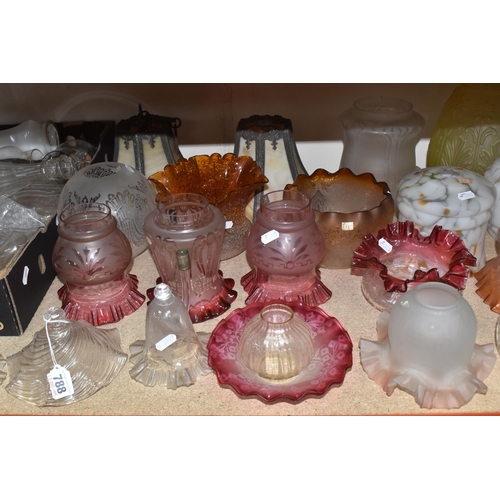 788 - A BOX AND LOOSE OF MOSTLY GLASS LAMP SHADES comprising approximately thirty shades of various form, ... 