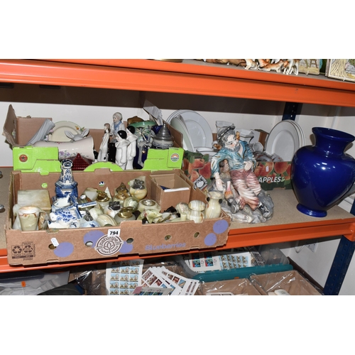 794 - THREE BOXES AND LOOSE CERAMICS to include a large quantity of green onyx items to include assorted t... 