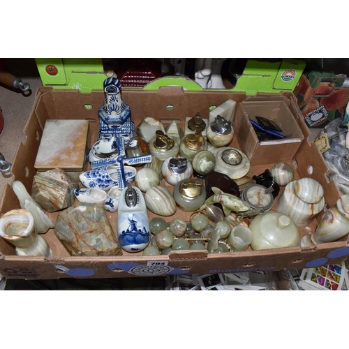 794 - THREE BOXES AND LOOSE CERAMICS to include a large quantity of green onyx items to include assorted t... 