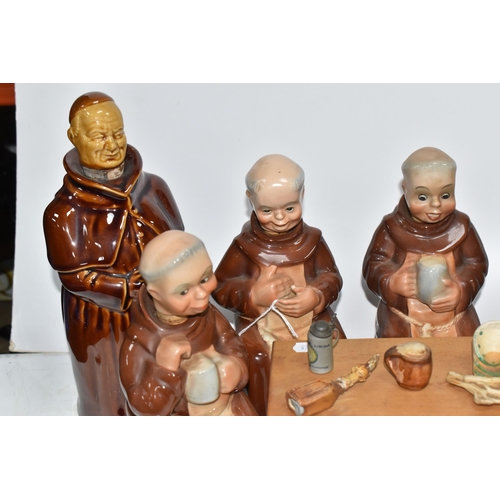 804 - A SET OF WEST GERMAN CORTENDORF DECANTERS MODELLED AS MONKS, the five monks holding tankards of mead... 