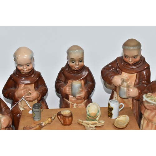 804 - A SET OF WEST GERMAN CORTENDORF DECANTERS MODELLED AS MONKS, the five monks holding tankards of mead... 