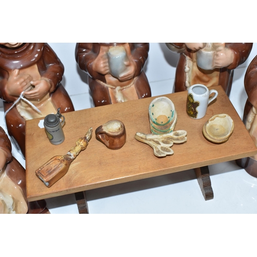 804 - A SET OF WEST GERMAN CORTENDORF DECANTERS MODELLED AS MONKS, the five monks holding tankards of mead... 