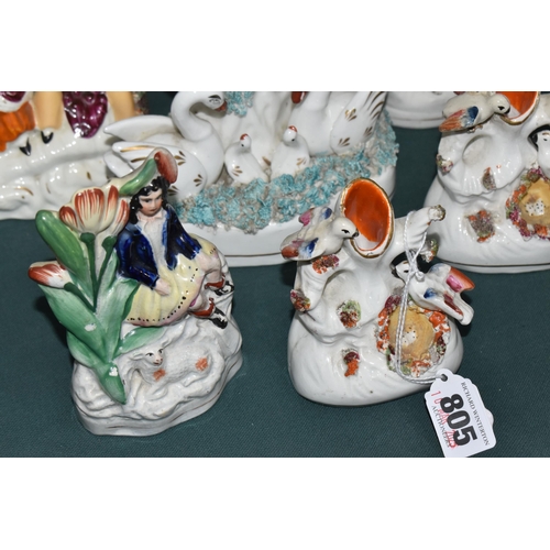 805 - A COLLECTION OF VICTORIAN STAFFORDSHIRE FLATBACK SPILL VASES, comprising the largest pair modelled w... 