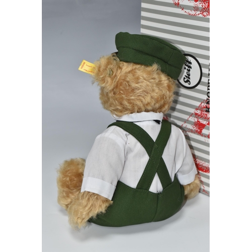 807 - A BOXED STEIFF ALWAYS BILL 'FLYING SCOTSMAN' TEDDY BEAR, no 664694, in golden mohair, wearing a trai... 