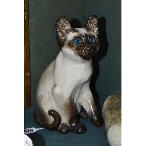 818 - TWO WINSTANLEY POTTERY SIAMESE CAT FIGURES, with seal points and blue eyes, comprising a seated no 3... 