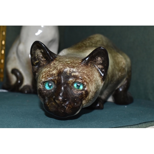 818 - TWO WINSTANLEY POTTERY SIAMESE CAT FIGURES, with seal points and blue eyes, comprising a seated no 3... 