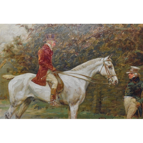 819 - GEORGE WRIGHT (1860-1942) GENTLEMEN AND A HORSE, a Gentleman wearing a red coat sits astride a white... 