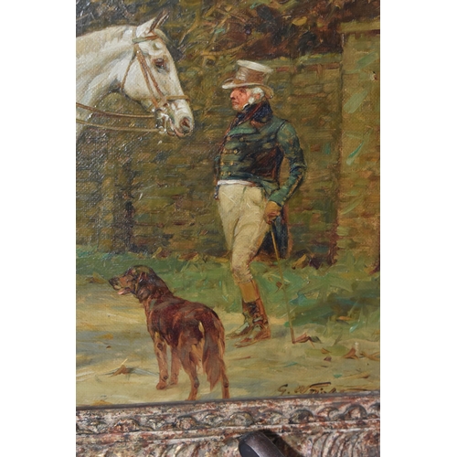 819 - GEORGE WRIGHT (1860-1942) GENTLEMEN AND A HORSE, a Gentleman wearing a red coat sits astride a white... 