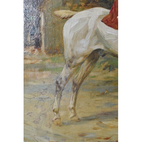 819 - GEORGE WRIGHT (1860-1942) GENTLEMEN AND A HORSE, a Gentleman wearing a red coat sits astride a white... 