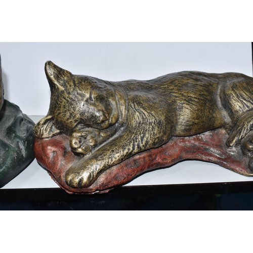 822 - TWO MODERN COMPOSITE CAT SCULPTURES to include a bronzed effect sleeping cat on a red blanket, heigh... 