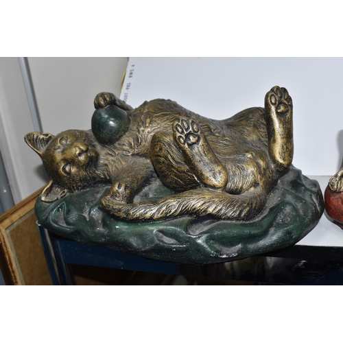 822 - TWO MODERN COMPOSITE CAT SCULPTURES to include a bronzed effect sleeping cat on a red blanket, heigh... 