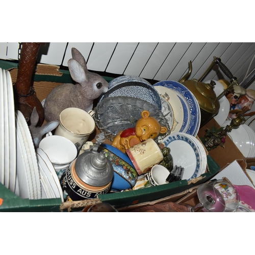 824 - FIVE BOXES AND LOOSE CERAMICS AND DECORATIVE ITEMS to include a box of Royal Doulton 'Juno' dinner w... 