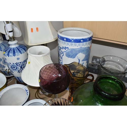 835 - A COLLECTION OF LARGE CERAMIC AND GLASS ITEMS to include three blue and white planters with floral d... 