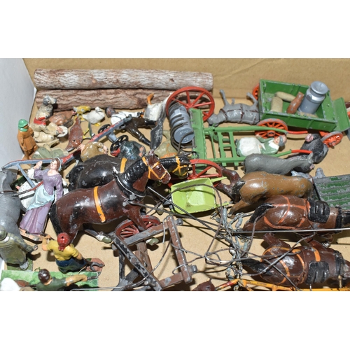 850 - A BOX OF PLAYWORN BRITAINS AND SIMILAR LEAD FARM TOYS, to include wagons, plough and other machinery... 