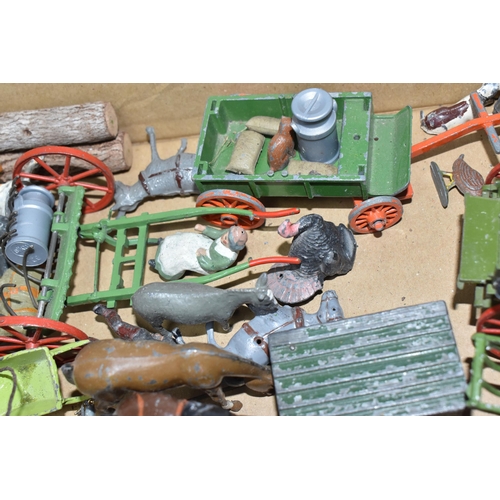 850 - A BOX OF PLAYWORN BRITAINS AND SIMILAR LEAD FARM TOYS, to include wagons, plough and other machinery... 