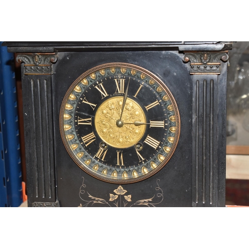 857 - A NINETEENTH CENTURY BLACK SLATE MANTEL CLOCK, of architectural form, with pineapple finial and othe... 