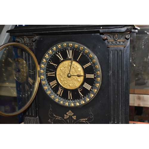 857 - A NINETEENTH CENTURY BLACK SLATE MANTEL CLOCK, of architectural form, with pineapple finial and othe... 