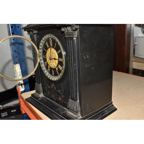 857 - A NINETEENTH CENTURY BLACK SLATE MANTEL CLOCK, of architectural form, with pineapple finial and othe... 