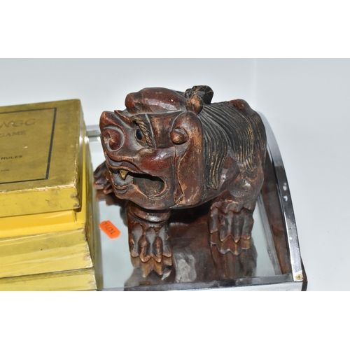 860 - AN ART DECO MIRRORED TRAY, A MAHJONG SET AND A WOODEN DOG OF FO FIGURE, comprising Art Deco mirrored... 