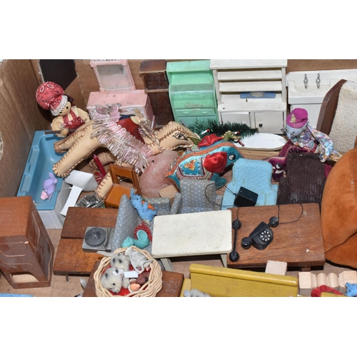 861 - A BOX OF DOLLS AND DOLLS HOUSE FURNITURE, to include four 1960s Hasbro 'Dolly Darling' dolls, assort... 