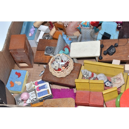 861 - A BOX OF DOLLS AND DOLLS HOUSE FURNITURE, to include four 1960s Hasbro 'Dolly Darling' dolls, assort... 