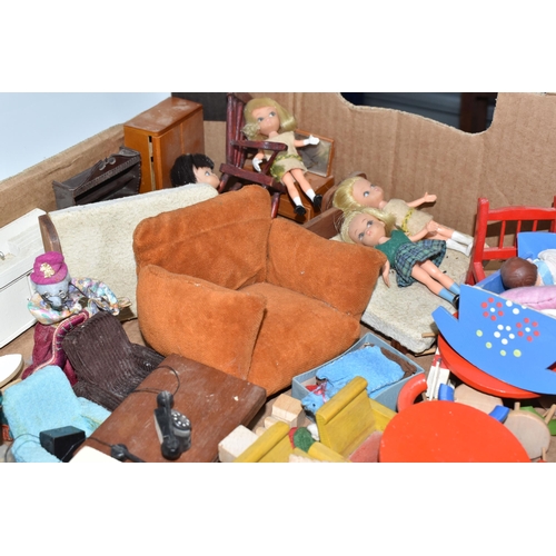 861 - A BOX OF DOLLS AND DOLLS HOUSE FURNITURE, to include four 1960s Hasbro 'Dolly Darling' dolls, assort... 