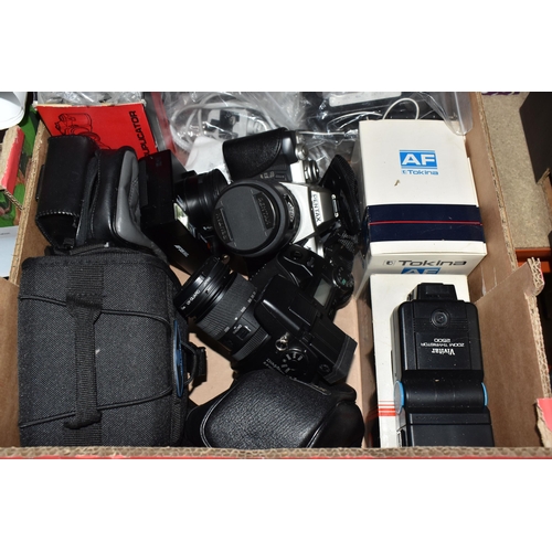 864 - THREE BOXES OF CAMERAS AND PHOTOGRAPHIC EQUIPMENT, to include a Pentax MZ-5N fitted with an f4 28-70... 