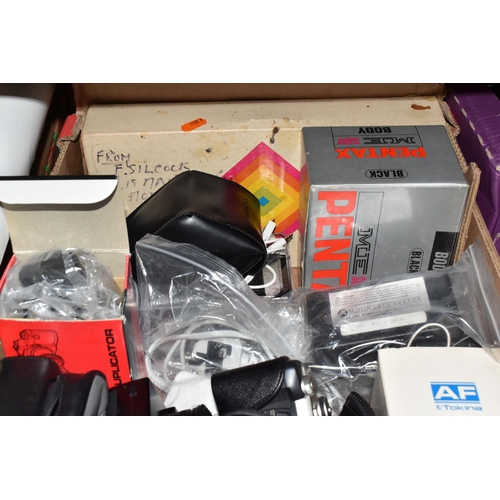 864 - THREE BOXES OF CAMERAS AND PHOTOGRAPHIC EQUIPMENT, to include a Pentax MZ-5N fitted with an f4 28-70... 