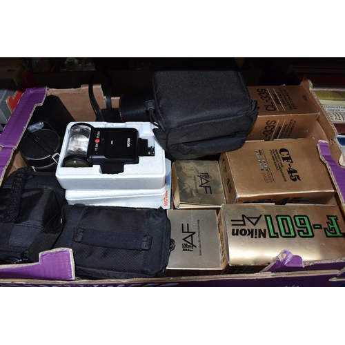 864 - THREE BOXES OF CAMERAS AND PHOTOGRAPHIC EQUIPMENT, to include a Pentax MZ-5N fitted with an f4 28-70... 