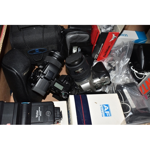 864 - THREE BOXES OF CAMERAS AND PHOTOGRAPHIC EQUIPMENT, to include a Pentax MZ-5N fitted with an f4 28-70... 