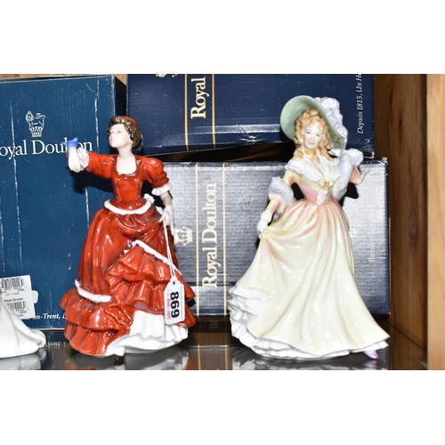 869 - SIX ROYAL DOULTON FIGURINES, comprising Southern Belle HN2229, Ashley HN3420, Bon Voyage HN3866, Luc... 