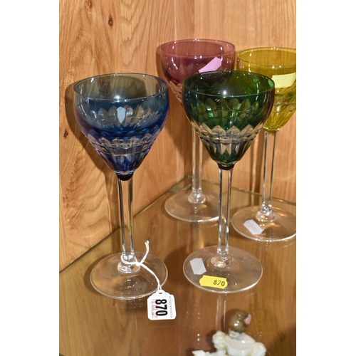 870 - FIVE VAL ST LAMBERT COLOURED HOCK GLASSES,  cut to clear in blue, green, red, yellow and purple, all... 