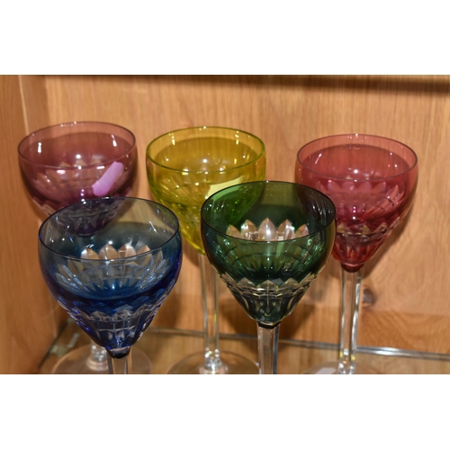 870 - FIVE VAL ST LAMBERT COLOURED HOCK GLASSES,  cut to clear in blue, green, red, yellow and purple, all... 