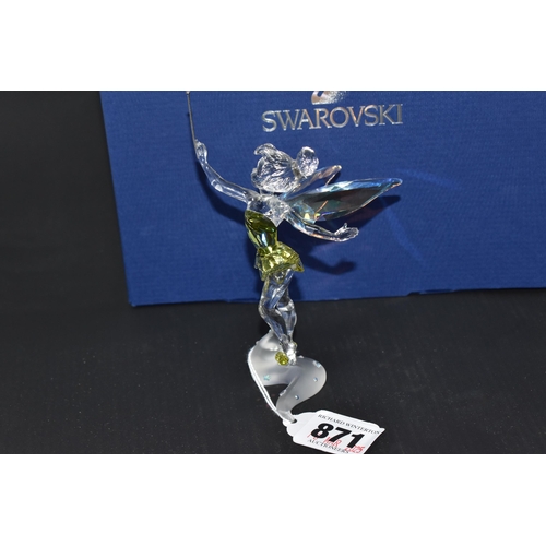 871 - A BOXED SWAROVSKI CRYSTAL 'TINKERBELL' SCULPTURE mounted on a frosted glass base, with iridescent wi... 