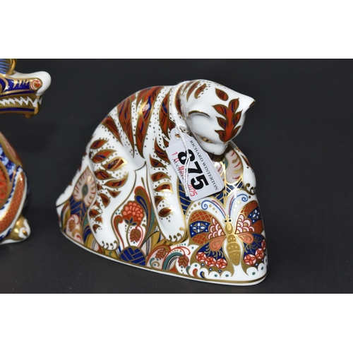 875 - TWO ROYAL CROWN DERBY PAPERWEIGHTS, comprising Bengal Tiger Cub and Dragon, each with gold stopper (... 