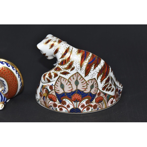 875 - TWO ROYAL CROWN DERBY PAPERWEIGHTS, comprising Bengal Tiger Cub and Dragon, each with gold stopper (... 