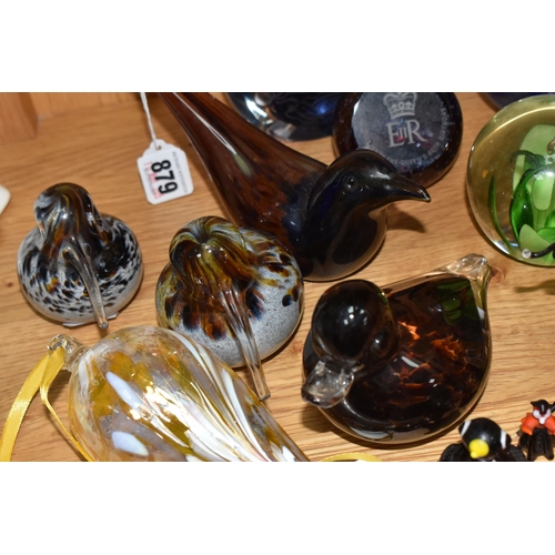 879 - A GROUP OF PAPERWEIGHTS AND DECORATIVE GLASS WARES, to include Caithness Mermaid Quartet and HM Quee... 