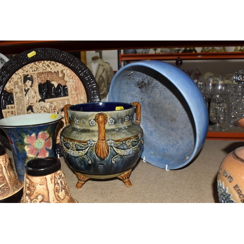 884 - A GROUP OF VINTAGE CERAMICS to include two Bretby vases with Chinese relief scenes, (one with a chip... 