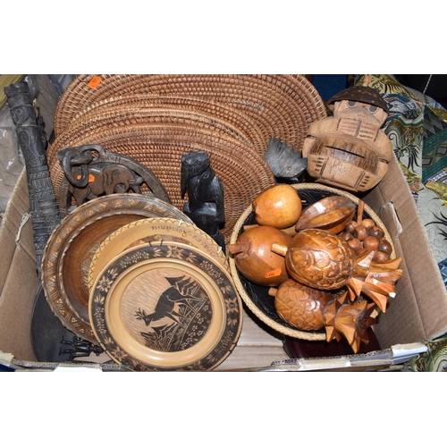 888 - A BOX AND LOOSE MOSTLY INTERNATIONAL TREEN to include twelve Rattan place mats, a wooden bowl with v... 